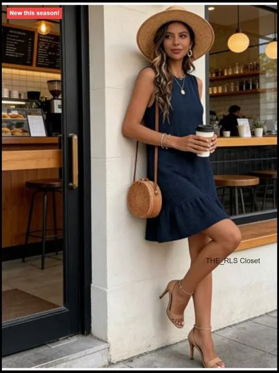 100% Polyester Tie Back Crew Neck Sleeveless Mini Dress Ruffle Hem - Picture 5 of 7